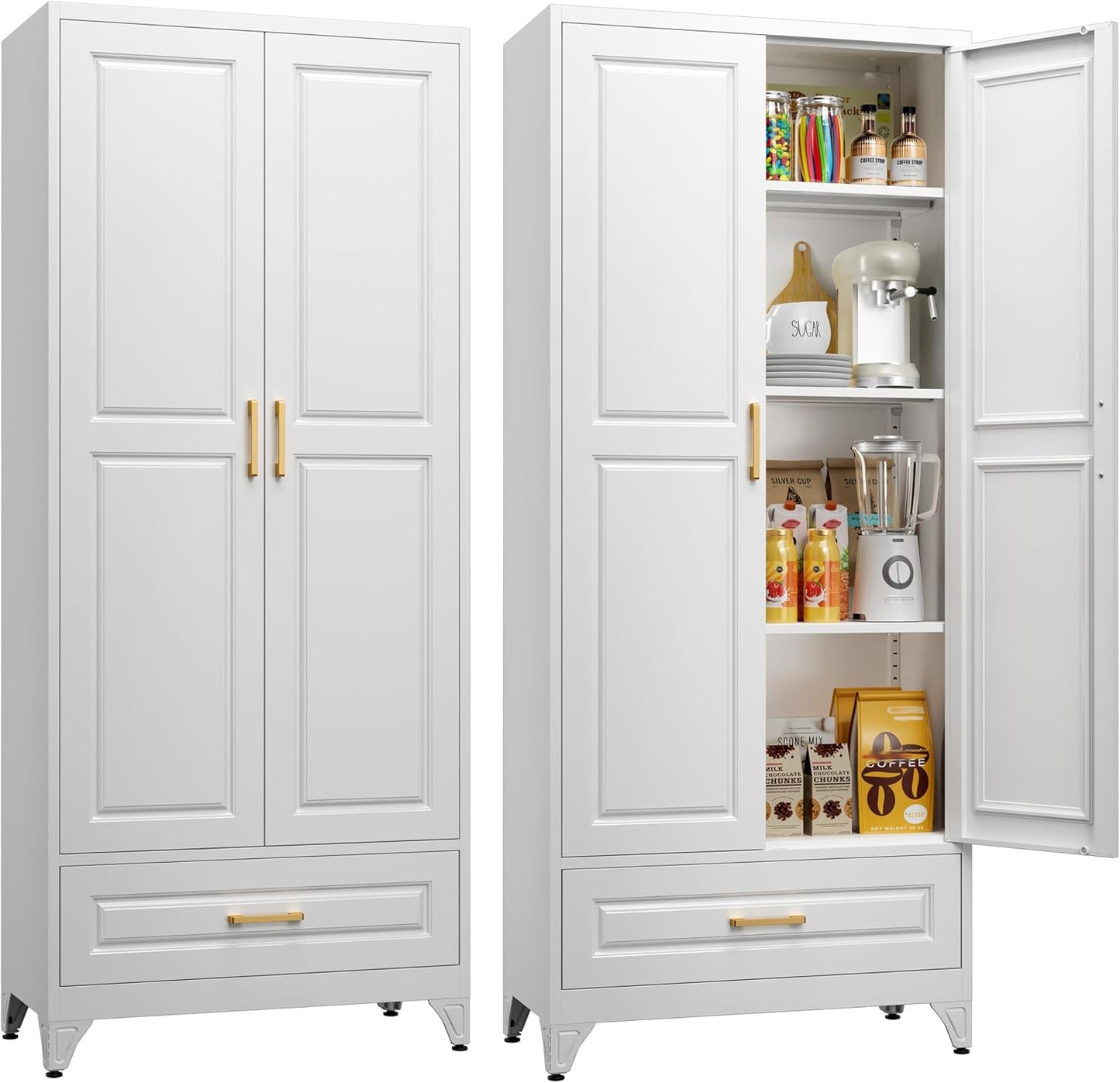 71" Tall Metal Storage Cabinet, Kitchen Pantry Storage Cabinets with Doors and 4 Shelves, White Pantry Cabinet, Utility Kitchen Cupboard, Large Steel Cabinets for Dining Room, Office, Living Room