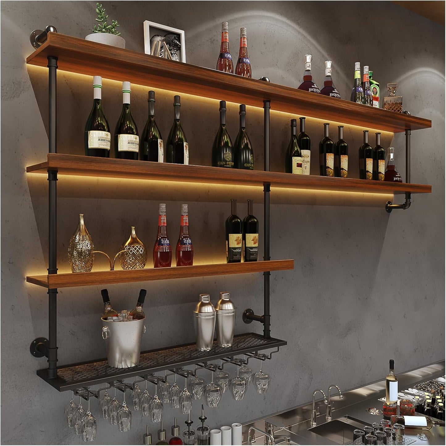 Solid Wood Wall Mounted Wine Rack, Large Wine Rack with LED Light, 4 Tiers Liquor Bottles Floating Shelves with Glass Holder, Industrial Bar Shelves for Home Bar Dining Room (118.1 IN/ 300CM)