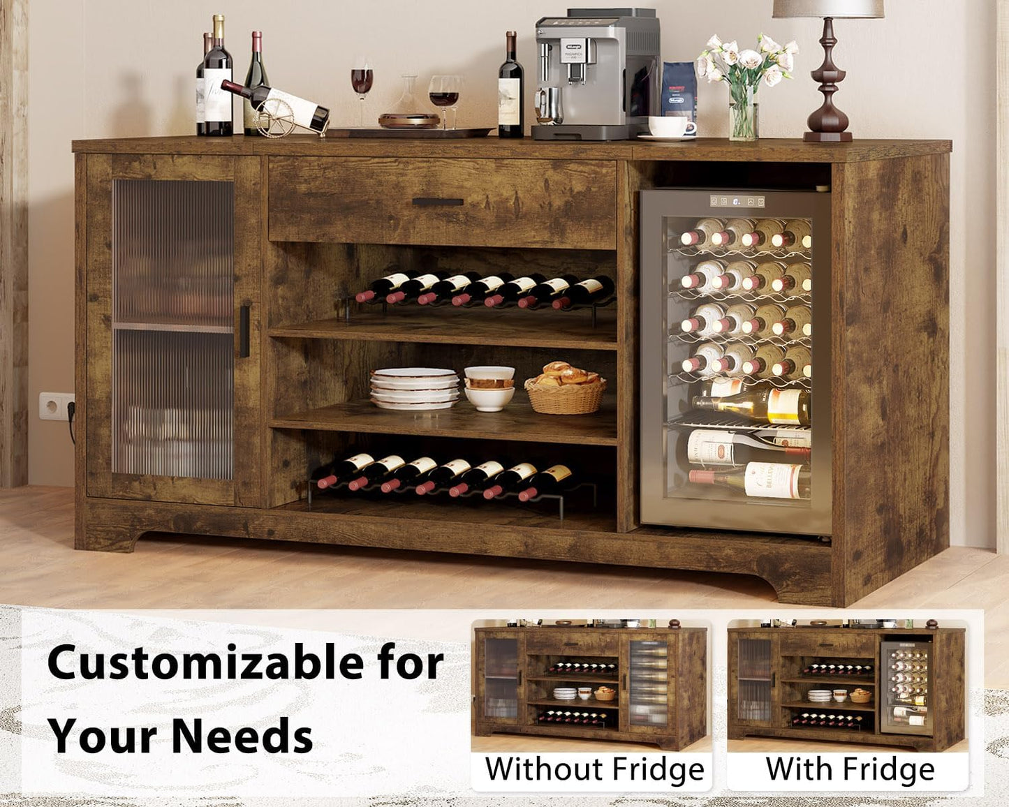 HSH Bar Cabinet with Mini Fridge Space, 70.9” Large Wood Wine Cabinet with Cooler Space, Farmhouse Long Liquor Cabinet with Drawer Storage, Metal Sideboard Buffet for Kitchen Dining Room, Rustic Brown