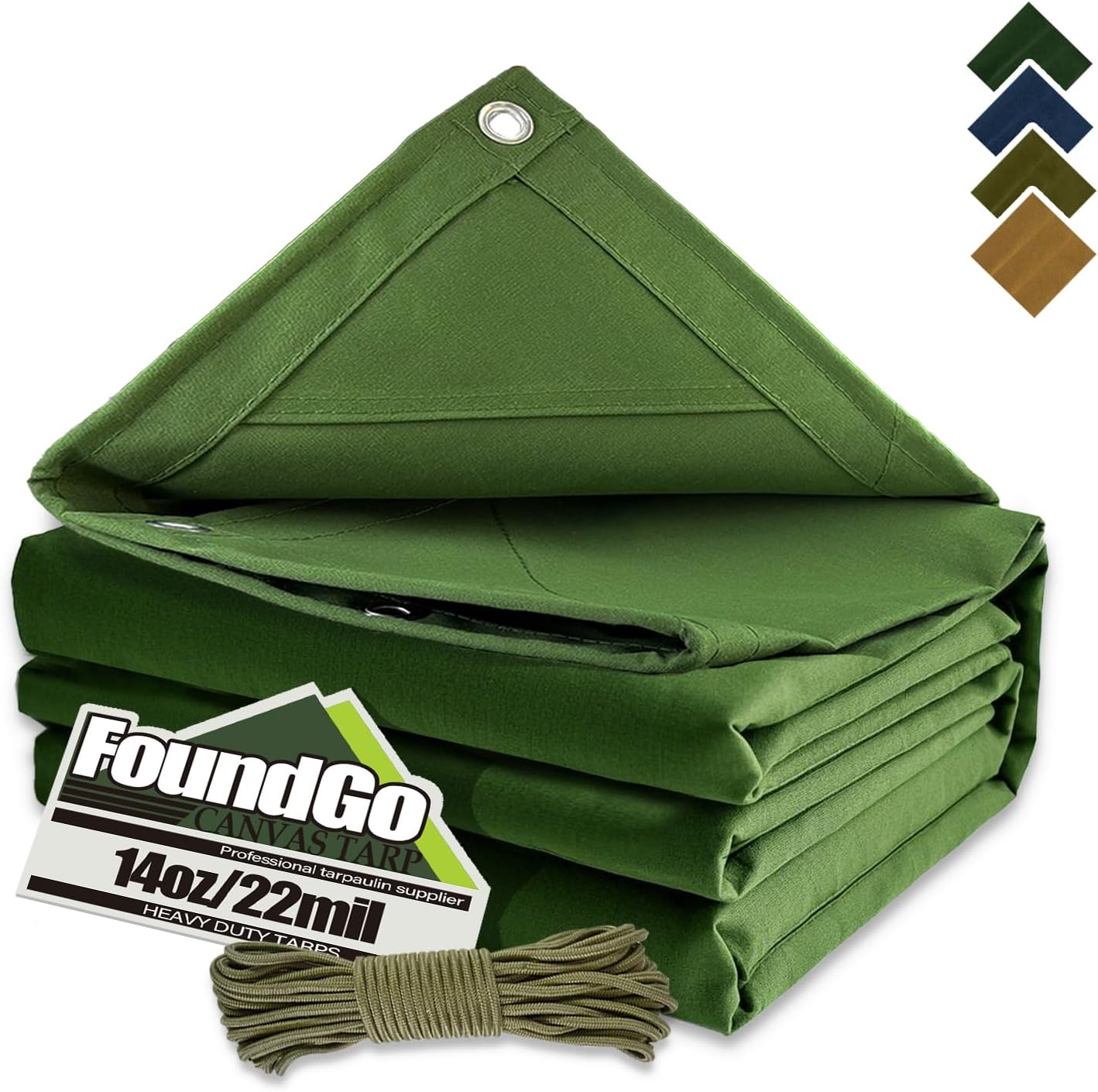 FoundGo 10x24ft Canvas Tarp 22 Mil Tarps 14 oz Canvas Tarpaulin Heavy Duty Cloth Water/UV Resistant Cover with Rustproof Grommets & Ropes for Cars,Roofs,Boats,Camps,Sunshades，Moisture Barrier -Avocado