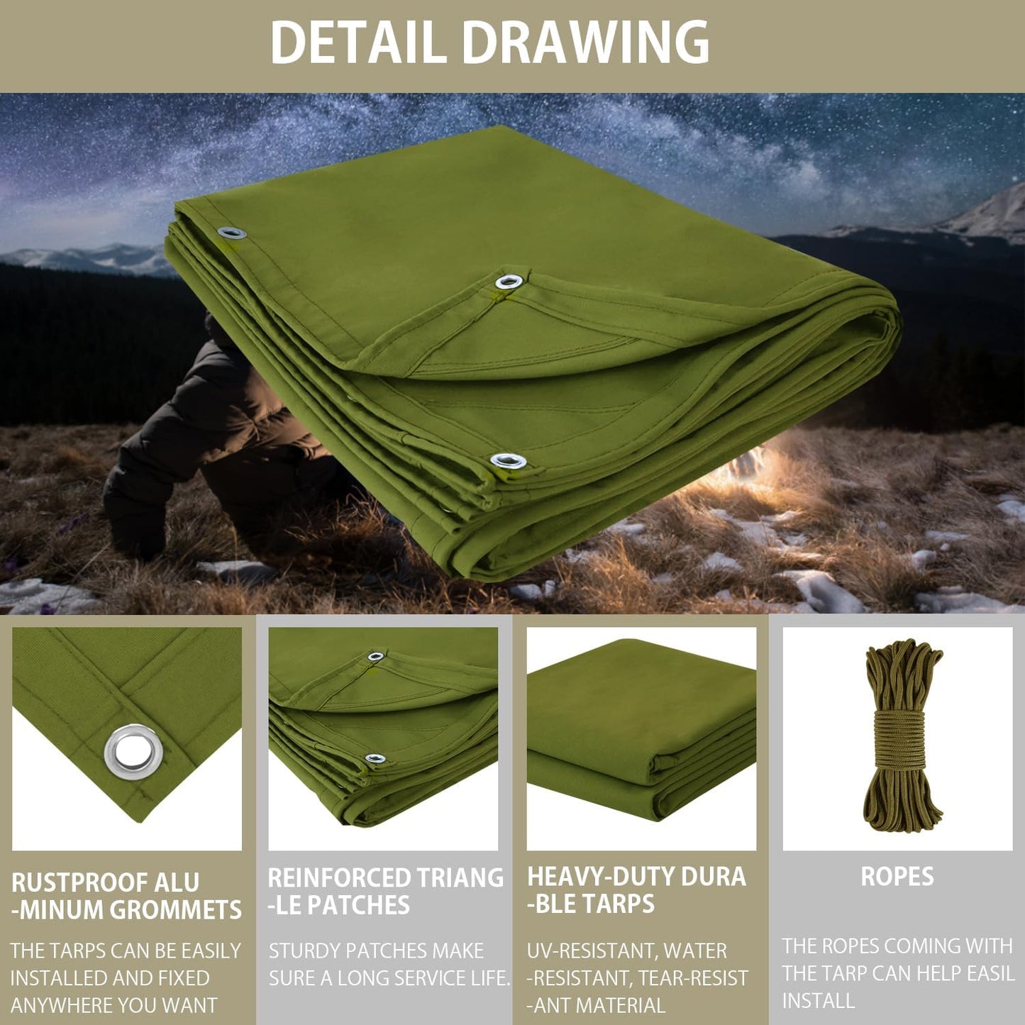 FoundGo 10x24ft Canvas Tarp 22 Mil Tarps 14 oz Canvas Tarpaulin Heavy Duty Cloth Water/UV Resistant Cover with Rustproof Grommets & Ropes for Cars,Roofs,Boats,Camps,Sunshades，Moisture Barrier -Avocado