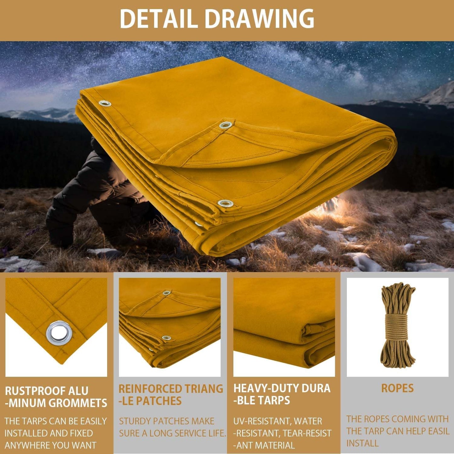 FoundGo 12x16ft Canvas Tarp 22 Mil Tarps 14 oz Canvas Tarpaulin Heavy Duty Cloth Water/UV Resistant Cover with Rustproof Grommets & Ropes for Cars,Roofs,Boats,Camps,Sunshades，Moisture Barrier -Tan