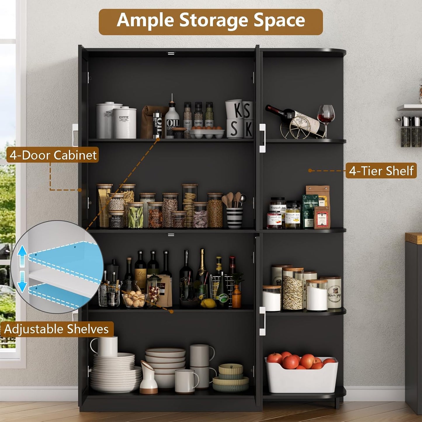 Loomie Kitchen Pantry Storage Cabinet, 64" Tall Freestanding Cupboard with Doors & Adjustable Shelves, Food Pantry Cabinet with 5-Tier External Shelf for Dining Room (Black)