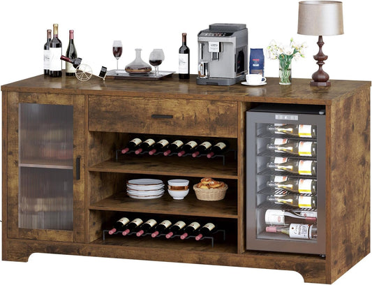 HSH Bar Cabinet with Mini Fridge Space, 70.9” Large Wood Wine Cabinet with Cooler Space, Farmhouse Long Liquor Cabinet with Drawer Storage, Metal Sideboard Buffet for Kitchen Dining Room, Rustic Brown