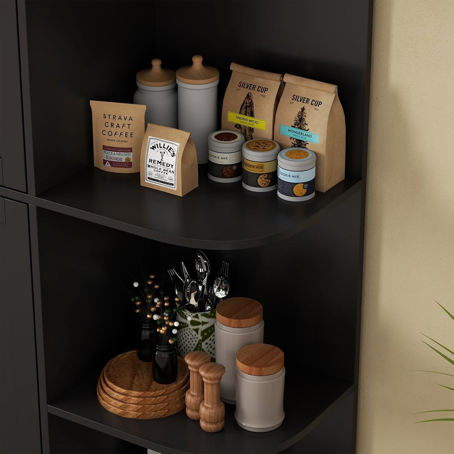 Loomie Kitchen Pantry Storage Cabinet, 64" Tall Freestanding Cupboard with Doors & Adjustable Shelves, Food Pantry Cabinet with 5-Tier External Shelf for Dining Room (Black)