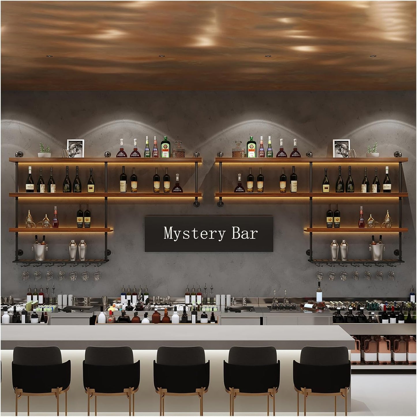 Solid Wood Wall Mounted Wine Rack, Large Wine Rack with LED Light, 4 Tiers Liquor Bottles Floating Shelves with Glass Holder, Industrial Bar Shelves for Home Bar Dining Room (118.1 IN/ 300CM)