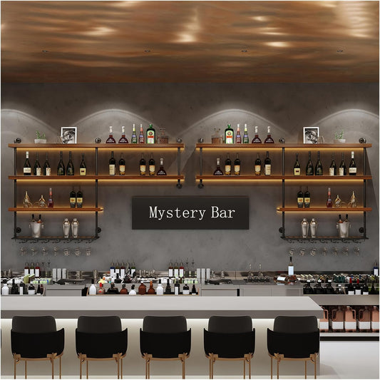 Solid Wood Wall Mounted Wine Rack, Large Wine Rack with LED Light, 4 Tiers Liquor Bottles Floating Shelves with Glass Holder, Industrial Bar Shelves for Home Bar Dining Room (118.1 IN/ 300CM)