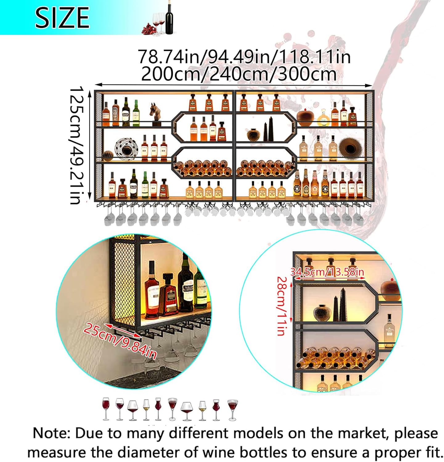 94IN Wall Mounted with Wine Rack, Hanging Metal Floating Wine Rack Cabinet with LED Light, 4-Tiers Large Vintage Style Wine Bottle Shelf for Home Restaurant Bars (94IN/240CM)