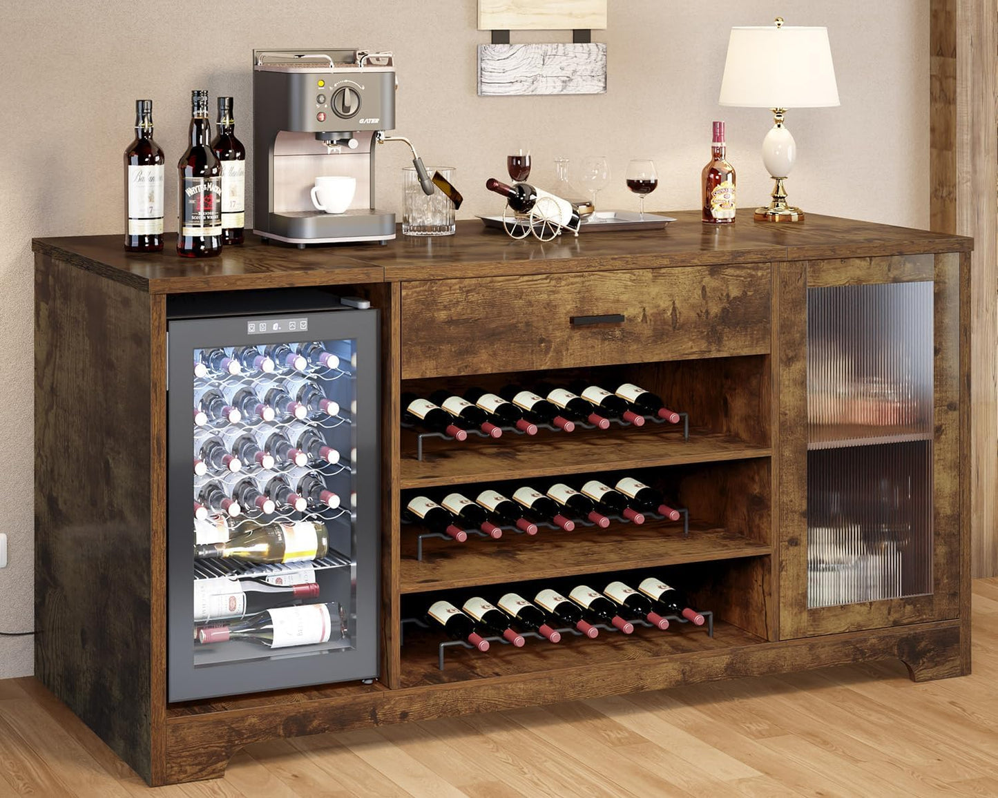 HSH Bar Cabinet with Mini Fridge Space, 70.9” Large Wood Wine Cabinet with Cooler Space, Farmhouse Long Liquor Cabinet with Drawer Storage, Metal Sideboard Buffet for Kitchen Dining Room, Rustic Brown