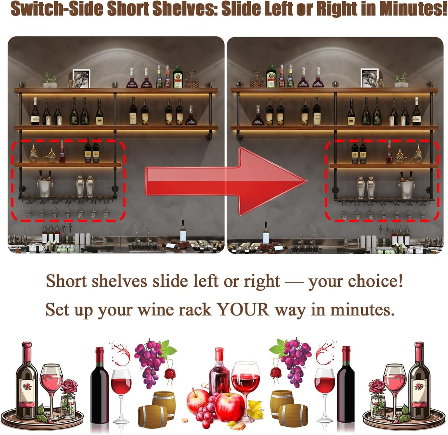 Solid Wood Wall Mounted Wine Rack, Large Wine Rack with LED Light, 4 Tiers Liquor Bottles Floating Shelves with Glass Holder, Industrial Bar Shelves for Home Bar Dining Room (118.1 IN/ 300CM)