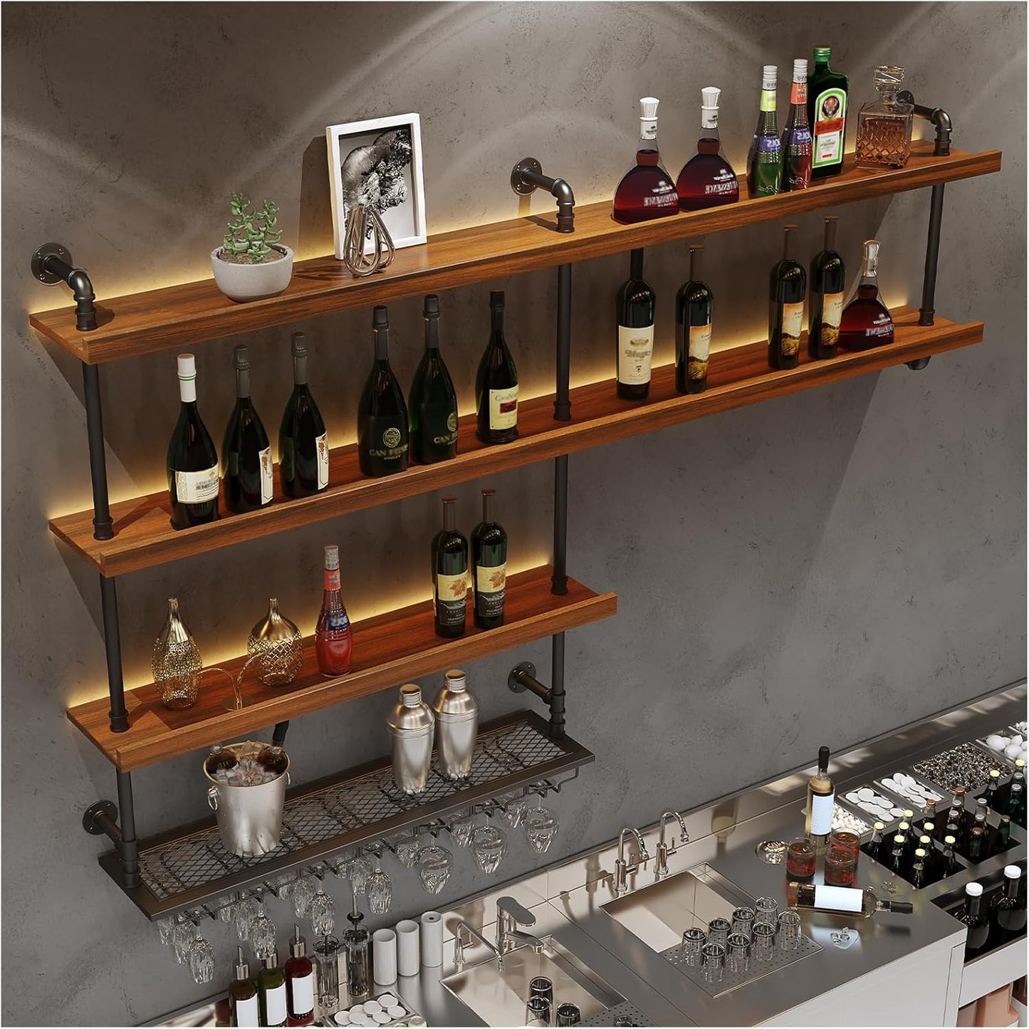 Solid Wood Wall Mounted Wine Rack, Large Wine Rack with LED Light, 4 Tiers Liquor Bottles Floating Shelves with Glass Holder, Industrial Bar Shelves for Home Bar Dining Room (118.1 IN/ 300CM)