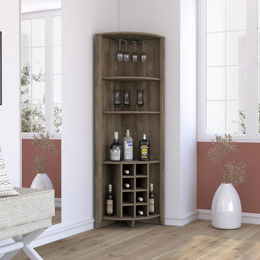 Elegant and Functional Corner Bar Cabinet with Built-in Wine Rack and Two Side Shelves, Dark Brown