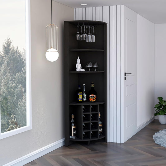 Corner Bar Cabinet, Three Shelves, Eight Built in Wine Rack, Two Side Shelves Black