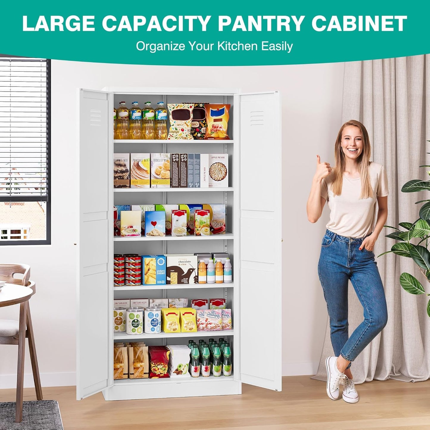 SISESOL White Metal Storage Cabinet,71" Tall Pantry Cabinet,Kitchen Pantry Storage Cabinets with 2 Doors and 6 Shelves,Wide Deep Food Cupboard for Home,Kitchen,Dining/Living Room