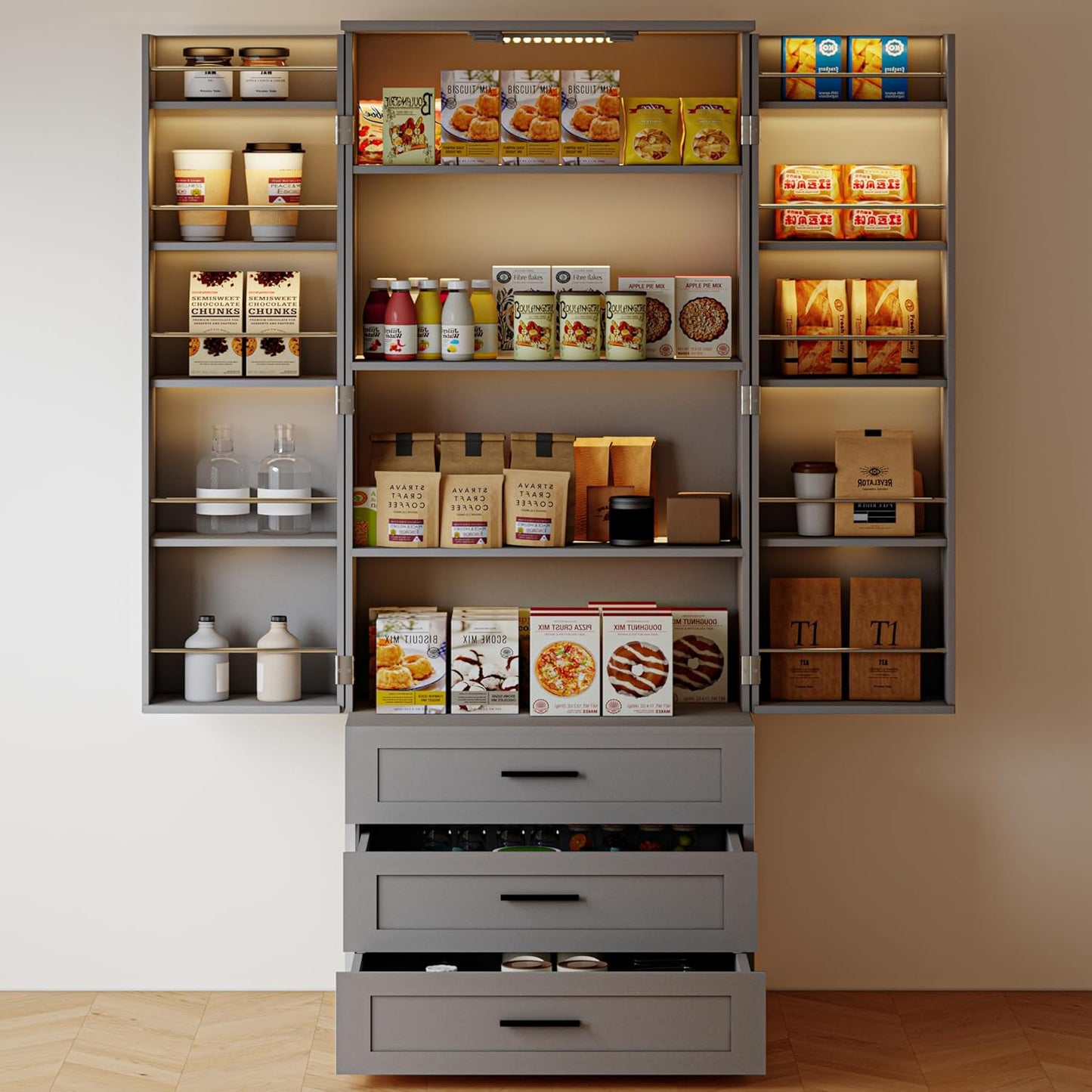 72" LED Kitchen Pantry Cabinet with 3 Drawers Farmhouse Tall Storage Cabinet Wood Food Pantry with Barn Doors and Adjustable Shelves Versatile Storage Freestanding Cupboard for Kitchen