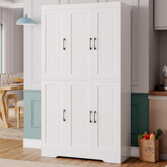 IRONCK Kitchen Pantry Storage Cabinet, Modern Food Pantries with 12 Shelves, 2 Door Racks, Adjustable Shelves, Freestanding Cupboard for Kitchen, Dining Room, White