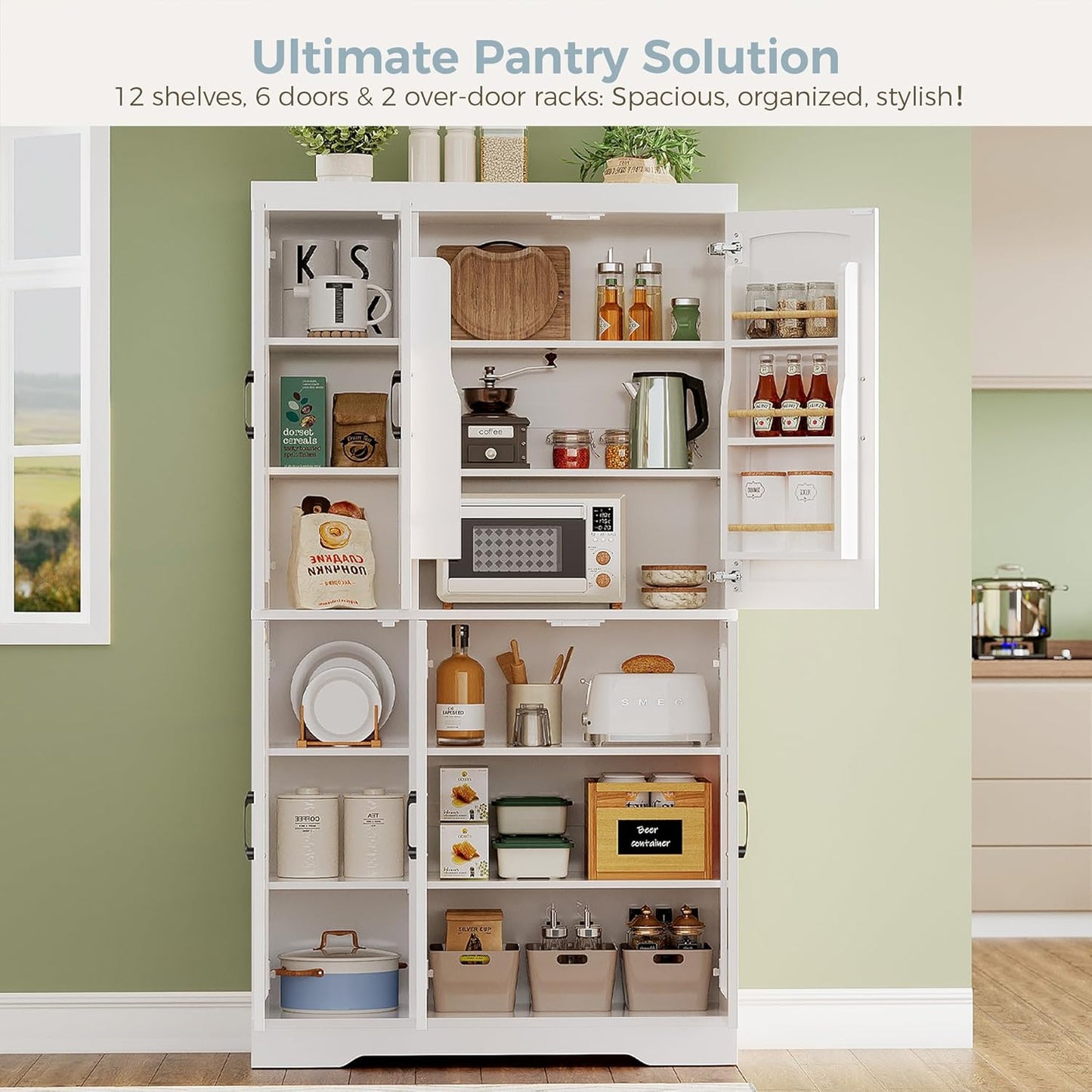 IRONCK Kitchen Pantry Storage Cabinet, Modern Food Pantries with 12 Shelves, 2 Door Racks, Adjustable Shelves, Freestanding Cupboard for Kitchen, Dining Room, White