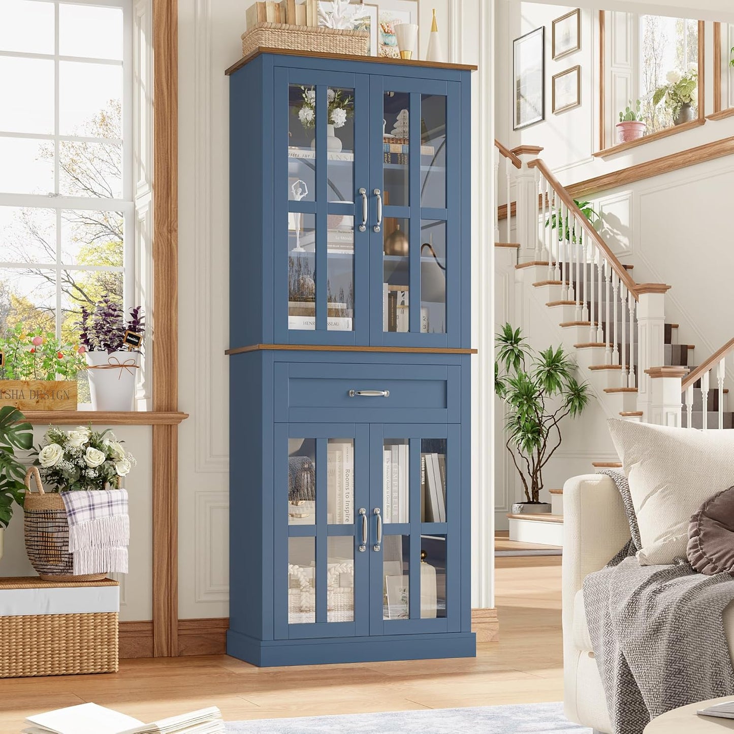 FOTOSOK 71'' Tall Kitchen Cabinet with Glass Doors and Drawer, Freestanding Food Pantry with Adjustable Shelves for Dining, Living Room, Natural