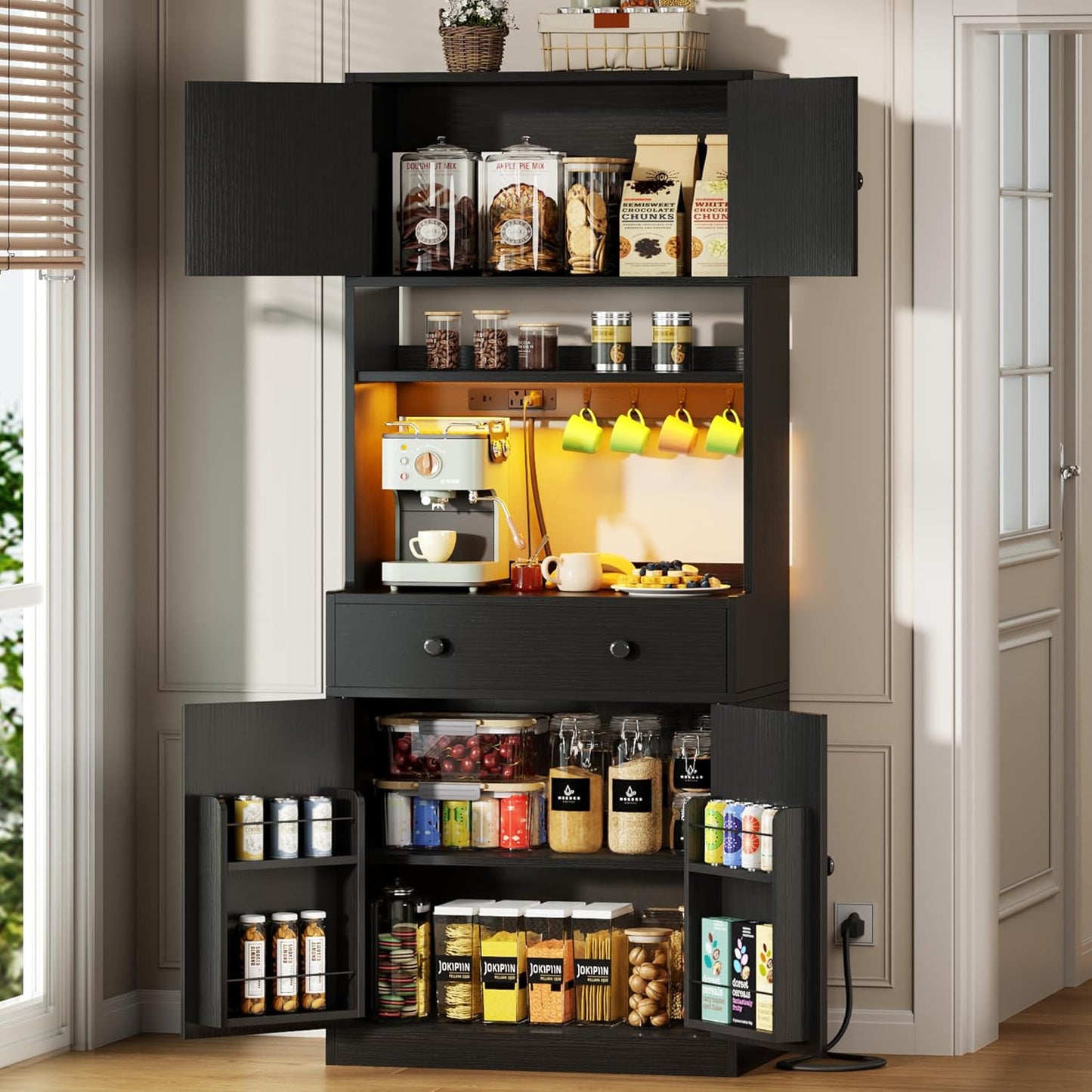 71" Tall Kitchen Pantry Storage Cabinet with Power Outlet & LED Light, Freestanding Food Pantry Cabinet with 4 Doors and Shelves, Cupboard with Drawer, Hutch with Microwave Stand, White