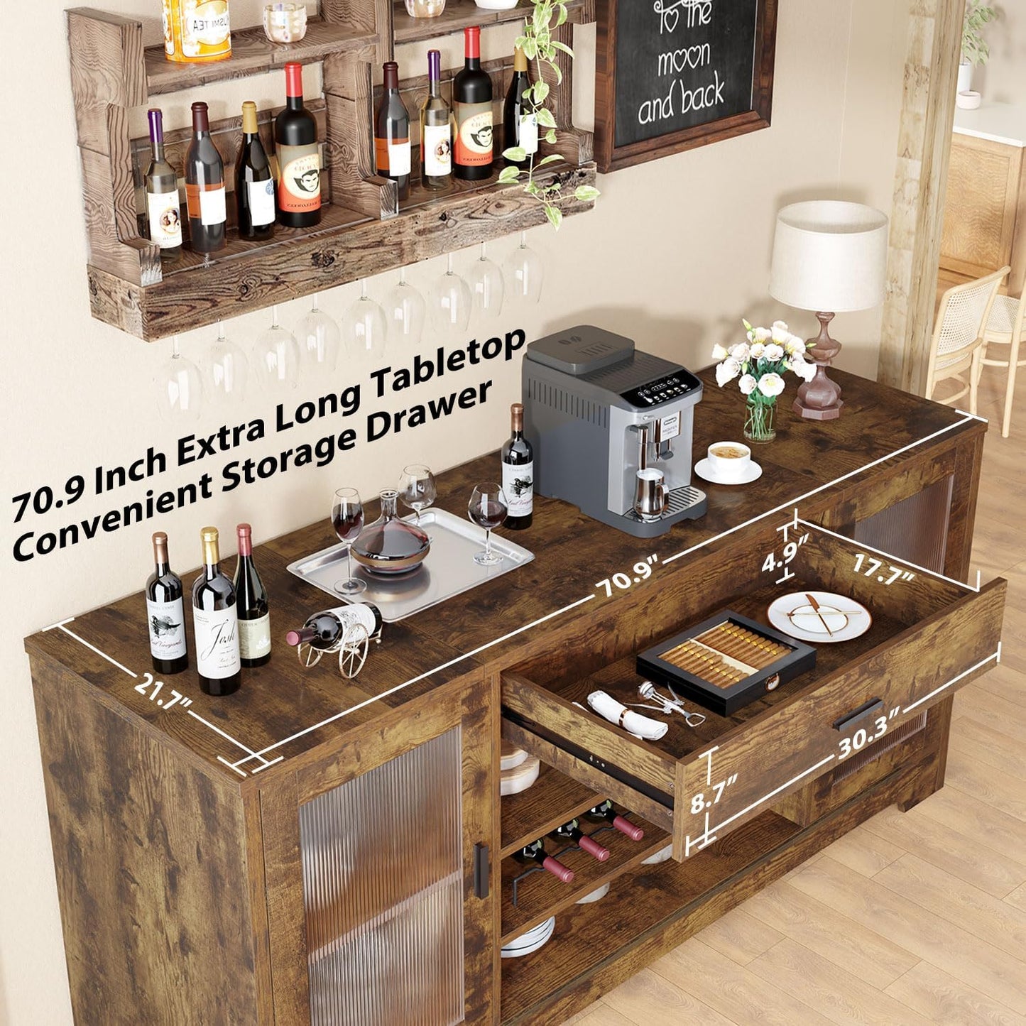 HSH Bar Cabinet with Mini Fridge Space, 70.9” Large Wood Wine Cabinet with Cooler Space, Farmhouse Long Liquor Cabinet with Drawer Storage, Metal Sideboard Buffet for Kitchen Dining Room, Rustic Brown