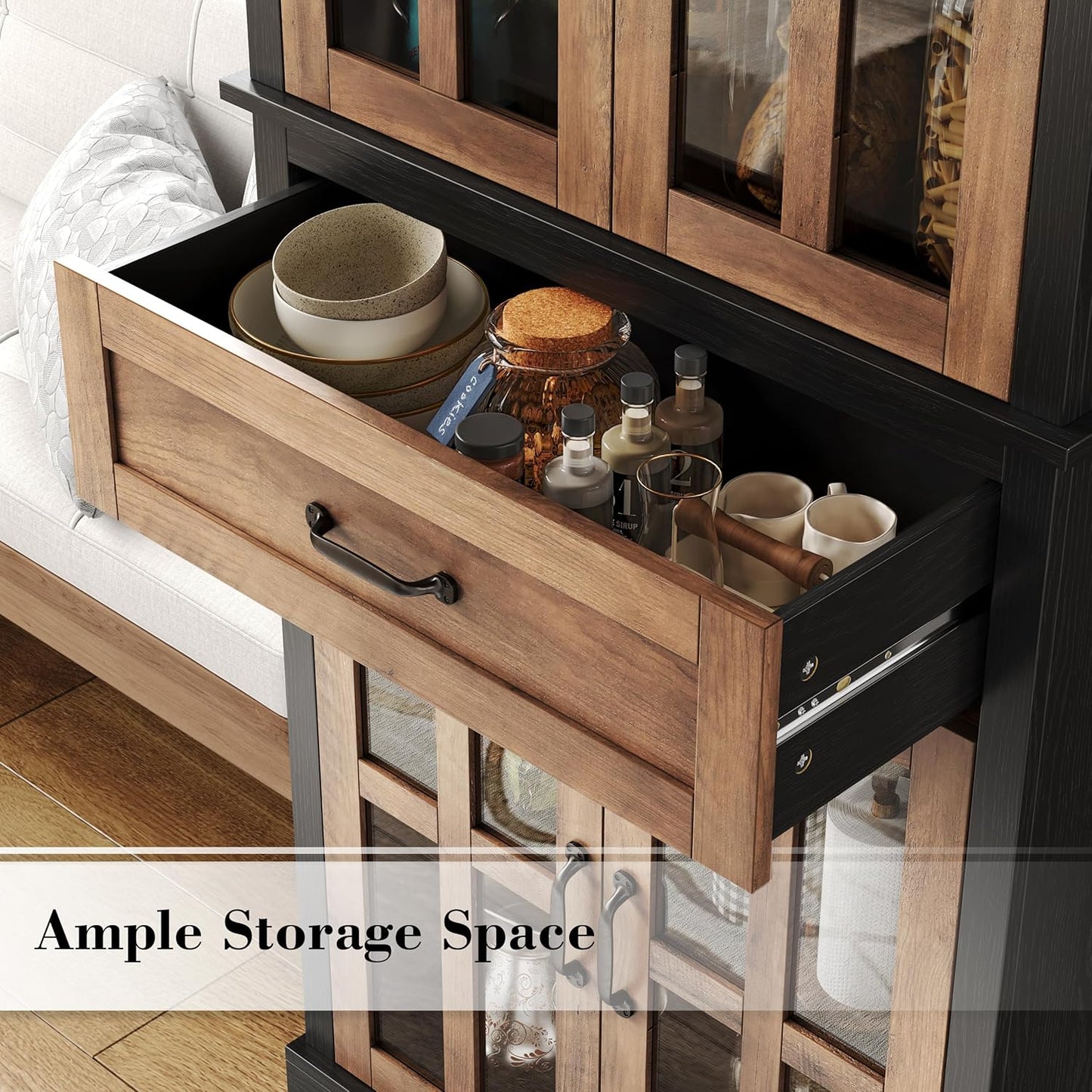 FOTOSOK 71'' Tall Kitchen Cabinet with Glass Doors and Drawer, Freestanding Food Pantry with Adjustable Shelves for Dining, Living Room, Natural